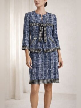 CAbi Reina 21 Club Tweed Suit Set Blue Houndstooth Bow Jacket Skirt 2PC M/8